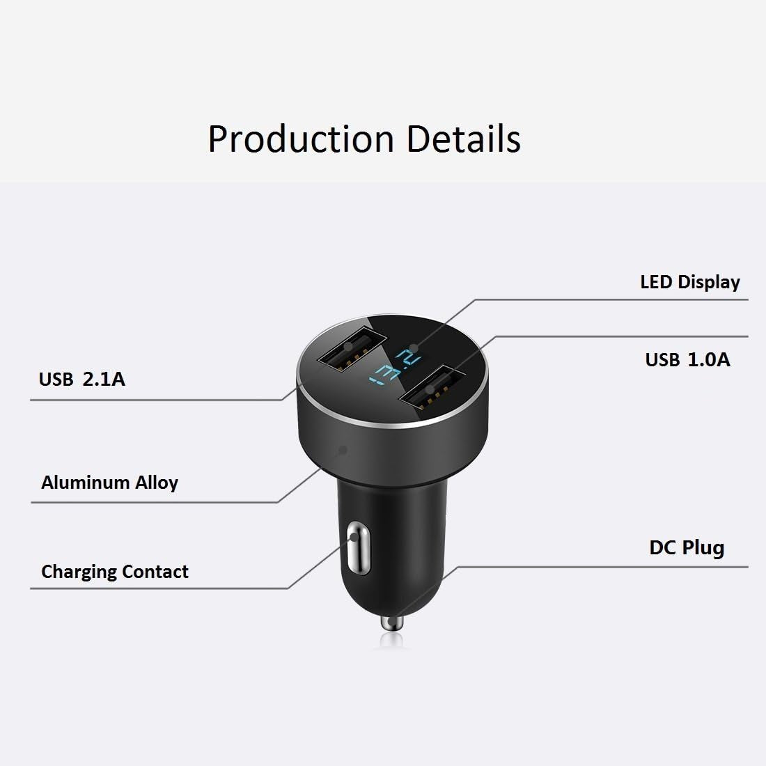2 USB Car Charger,12V/24V Voltage Meter, Output 4.8A, Cigarette Lighter Plug Adapter Compatible with Iphone,Ipad, Samsung, USB Charging Devices, Black
