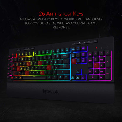 K512 Shiva RGB Backlit Membrane Gaming Keyboard with Multimedia Keys, Quiet Mechanical Feeling Keyboard, 6 Extra On-Board Macro Keys, Dedicated Media Control, Detachable Wrist Rest