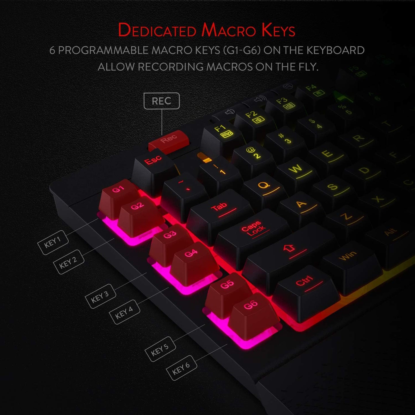 K512 Shiva RGB Backlit Membrane Gaming Keyboard with Multimedia Keys, Quiet Mechanical Feeling Keyboard, 6 Extra On-Board Macro Keys, Dedicated Media Control, Detachable Wrist Rest