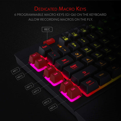 K512 Shiva RGB Backlit Membrane Gaming Keyboard with Multimedia Keys, Quiet Mechanical Feeling Keyboard, 6 Extra On-Board Macro Keys, Dedicated Media Control, Detachable Wrist Rest