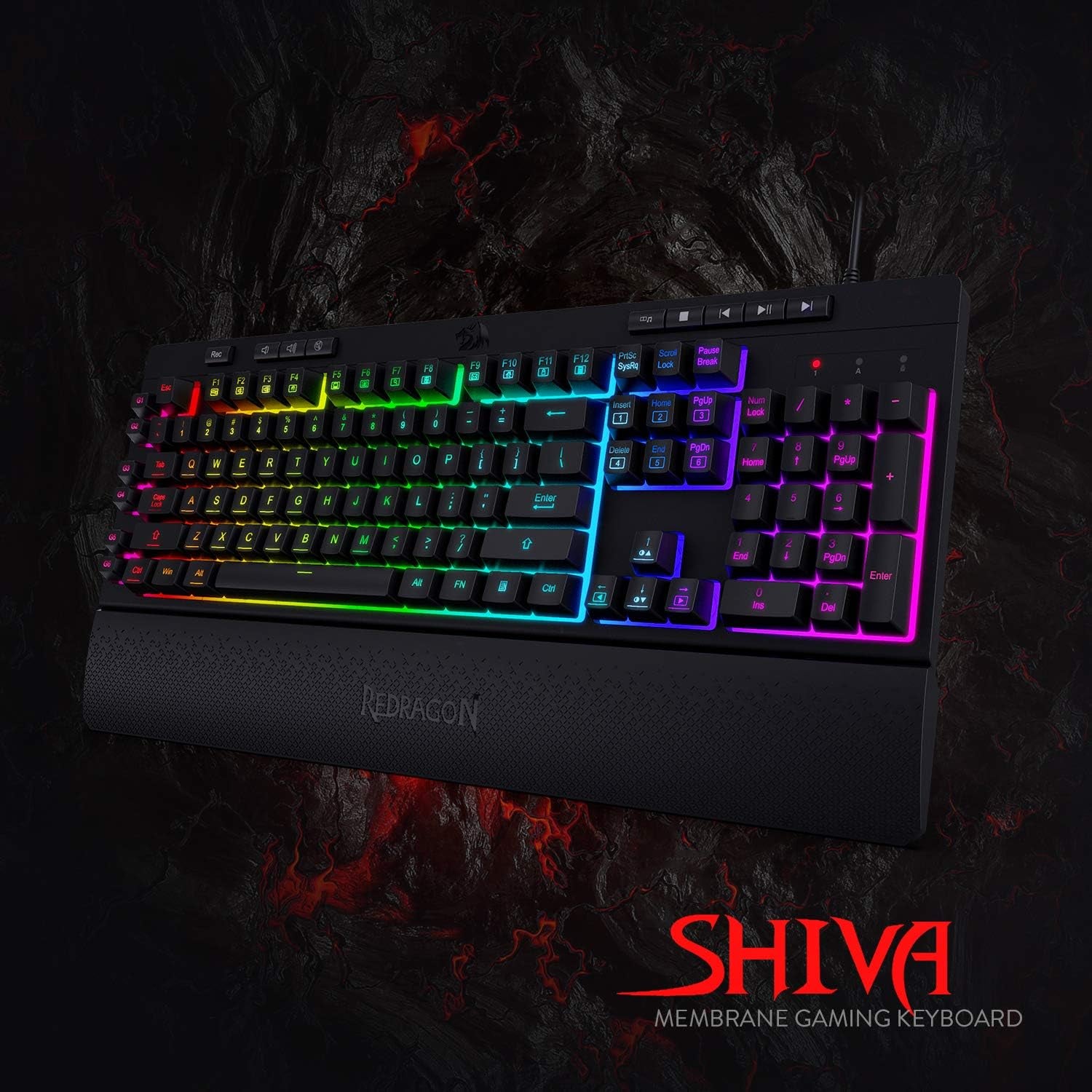 K512 Shiva RGB Backlit Membrane Gaming Keyboard with Multimedia Keys, Quiet Mechanical Feeling Keyboard, 6 Extra On-Board Macro Keys, Dedicated Media Control, Detachable Wrist Rest