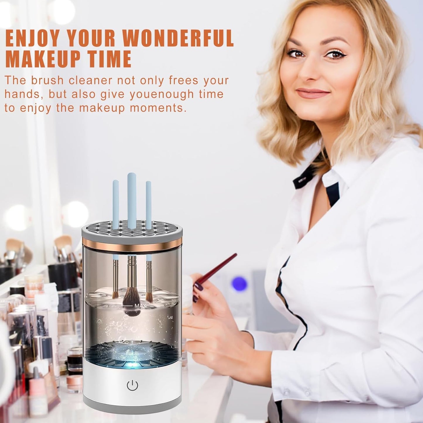 Makeup Brush Cleaners Electric Makeup Brush Cleaner, Brushly Pro Cosmetic Brush Cleaner Machine,Automatic Electric Makeup Brush Cleaner and Dryer with Brush Clean Mat Fit for All Size Makeup Brush