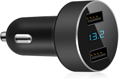 2 USB Car Charger,12V/24V Voltage Meter, Output 4.8A, Cigarette Lighter Plug Adapter Compatible with Iphone,Ipad, Samsung, USB Charging Devices, Black